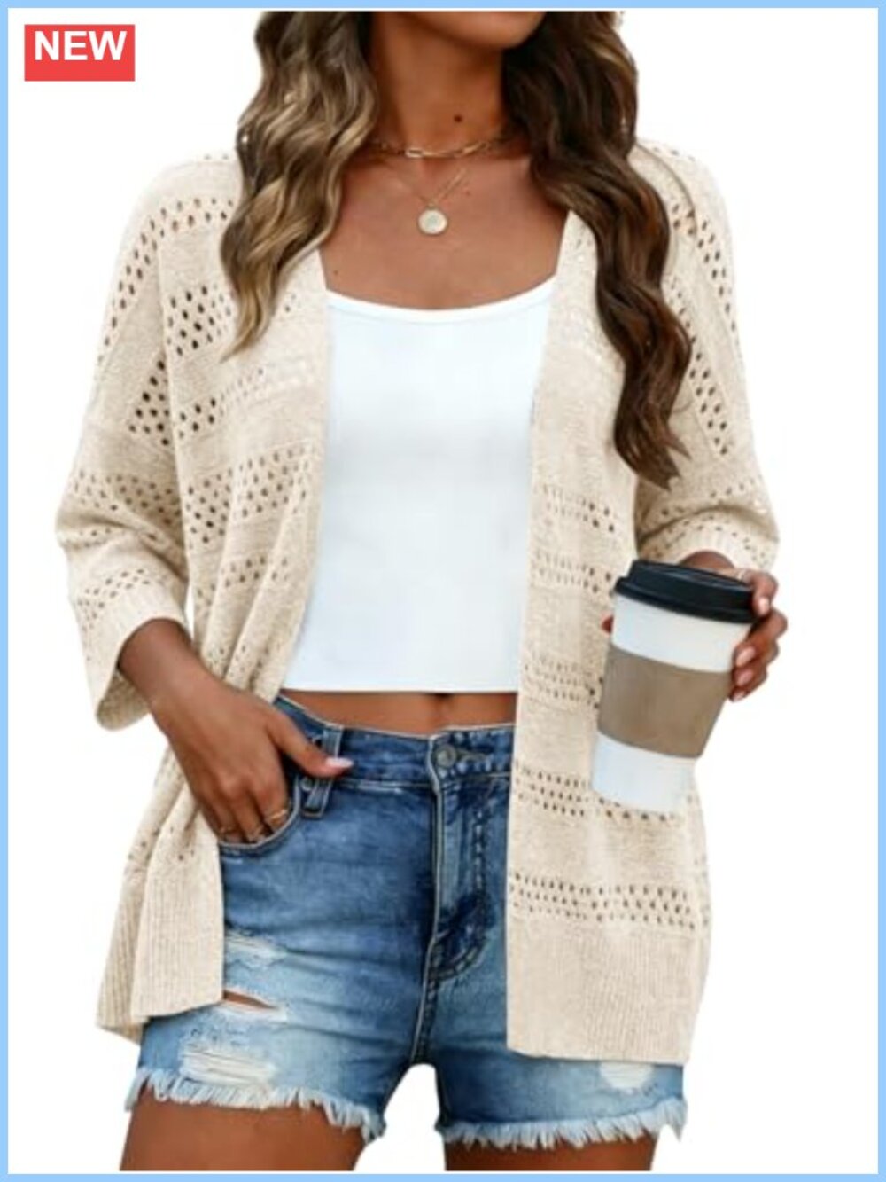 Womens Lightweight Crochet Cardigan 3/4 Sleeve Open Front Loose Knit Kimono